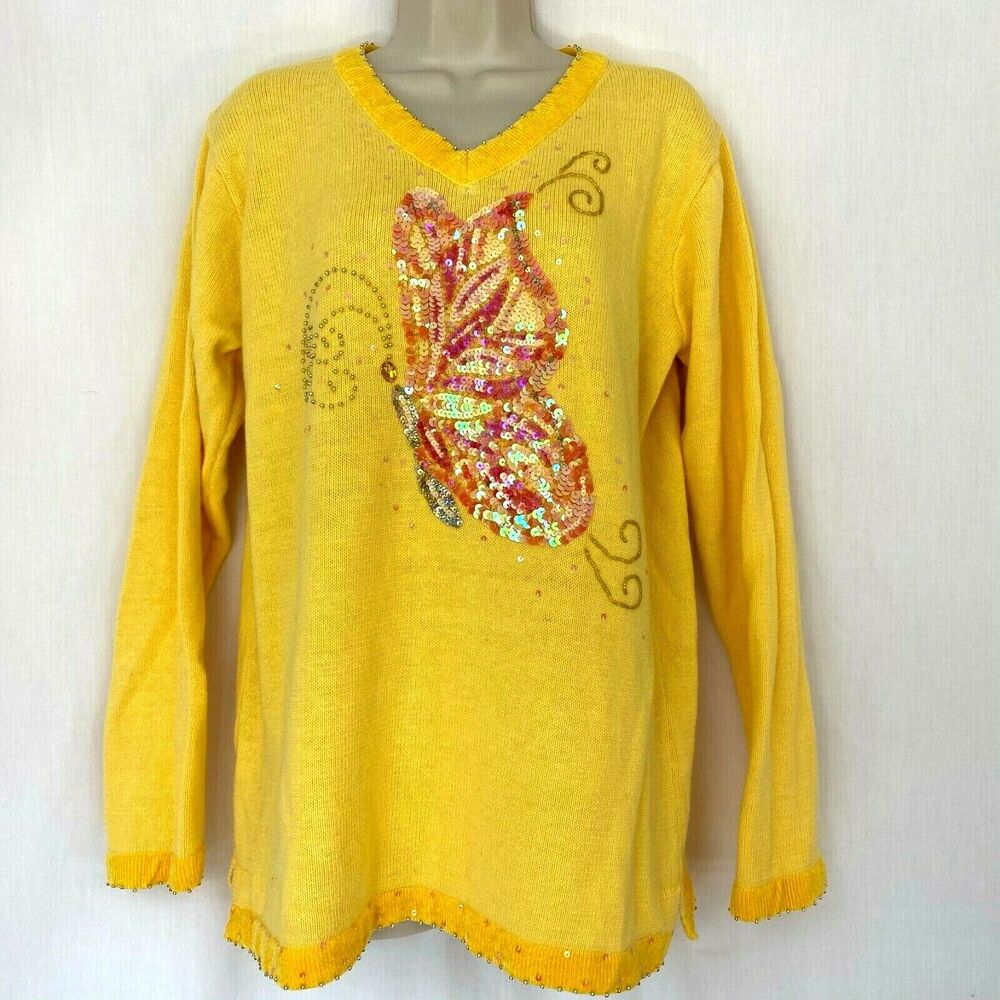 Vintage Quacker Factory Sweater Womens‎ Medium Yellow Beaded Butterfly Chenille